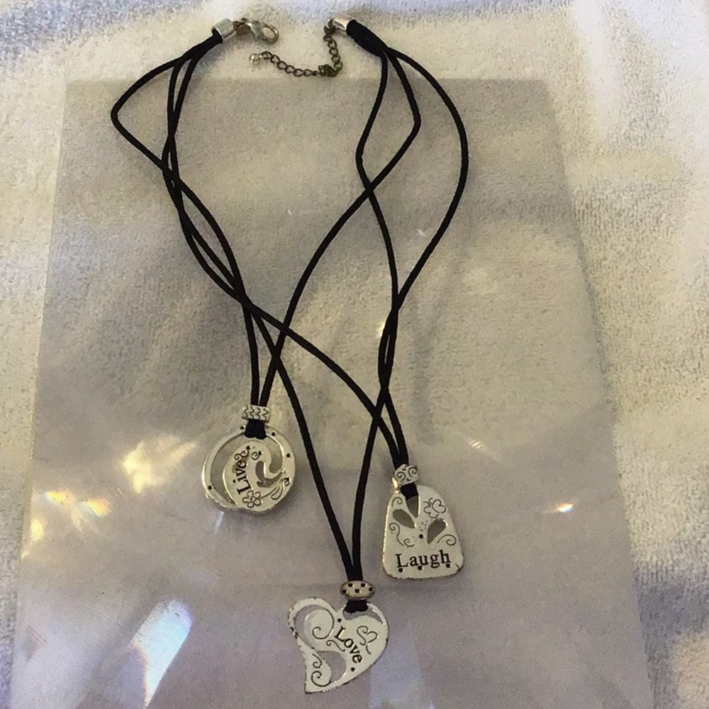 BLACK CORDED & TIERED INSPIRATIONAL NECKLACE, never worn - Picture 3 of 8